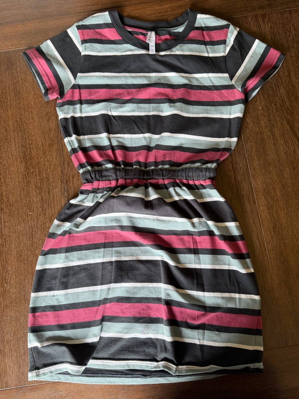 RVCA Black, Pink, Mint & White Striped Casual Waist-Elastic Dress